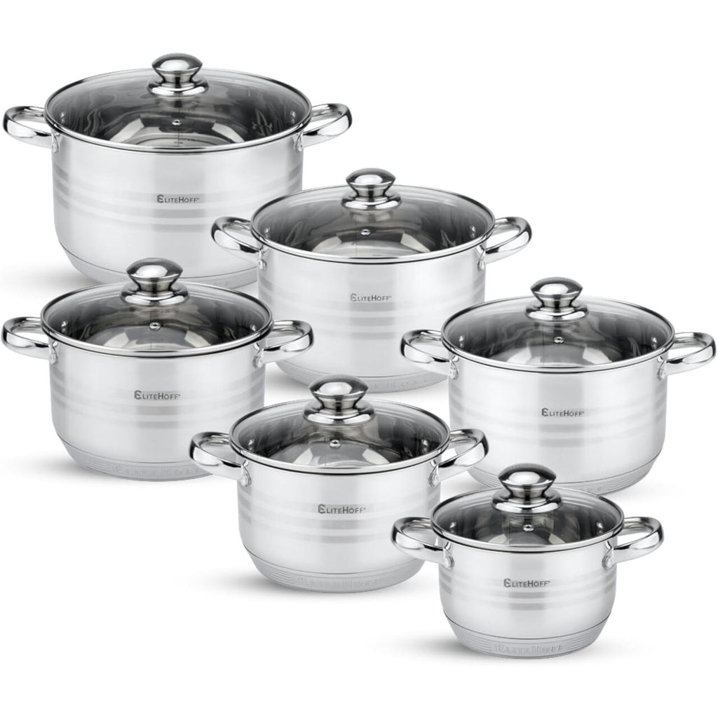 Batería de Cocina Ollas 12 Piezas en Acero Inoxidable con Tapas Apta para Todo Tipo de Cocinas